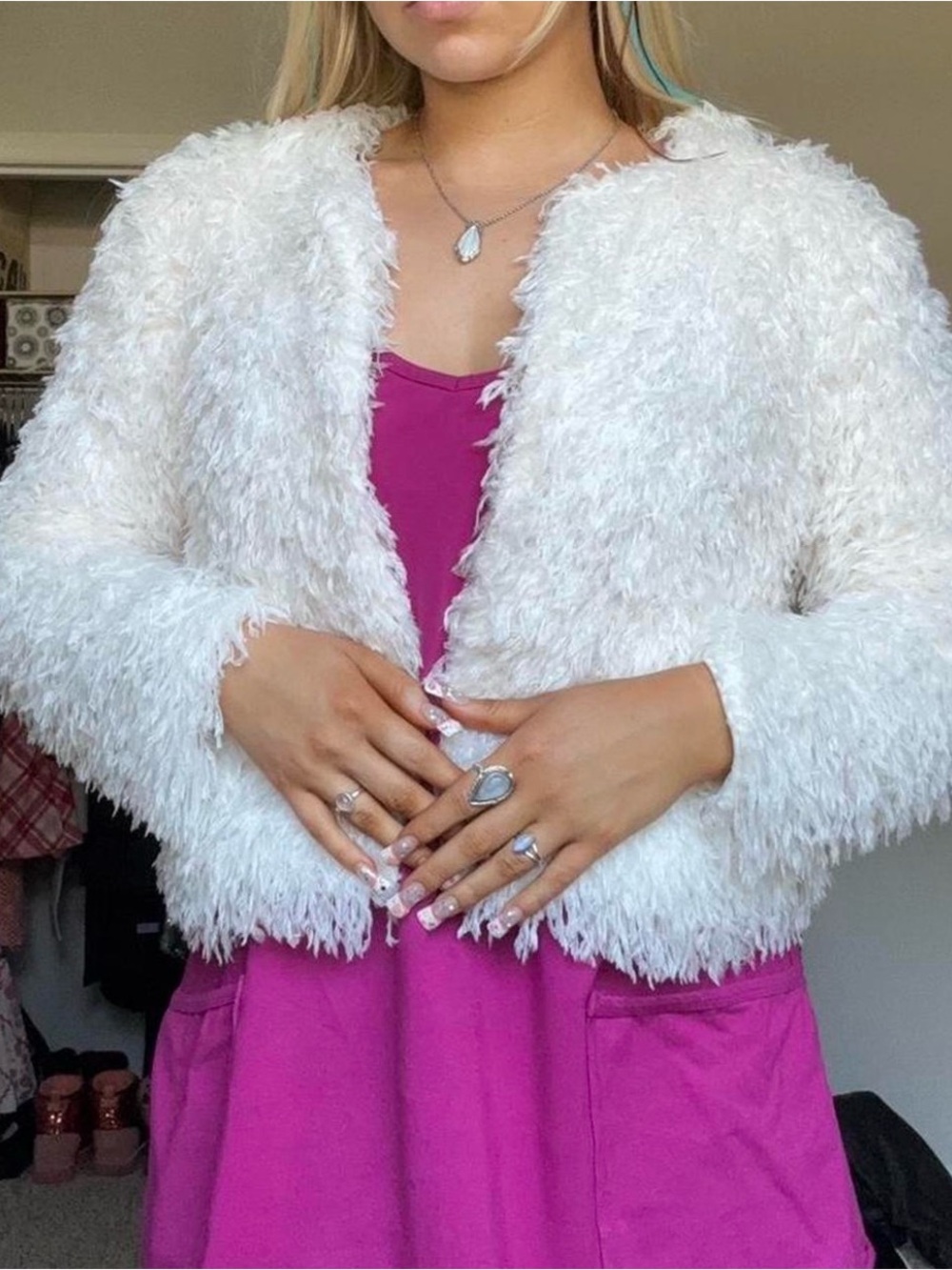 Charmed Hearts Ivory Fuzzy Open-Front Women's Cropped Cardigan Size S